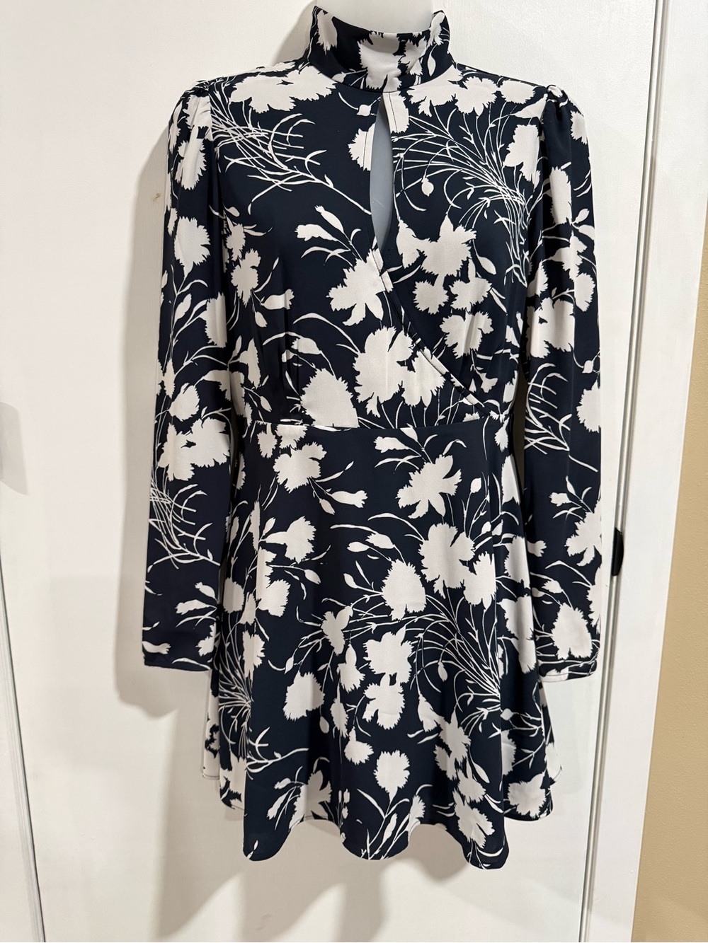 Wilfred Navy Blue & White Floral Mock-Neck Long Sleeve Dress-#1536